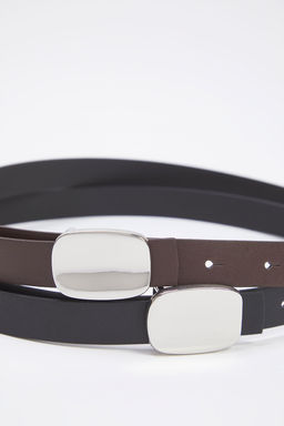 Trendyolmilla Siyah-Kahverengi 2li Paket Deri Gorunumlu Kad?n Kemer TWOSS25KE00014 фото 2