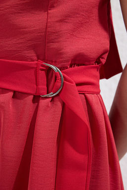 K?rm?z? Duz A Kesim Fiyonklu Midi Dokuma Elbise TWOSS25EL00559 - Trendyolmilla фото 7