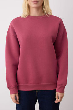 Gul Kurusu Oversize/Rahat Kesim Bisiklet Yaka Kal?n/Ici polarl? Orme Sweatshirt TWOAW24SW00102