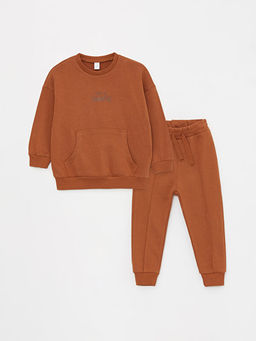 Bisiklet Yaka Uzun Kollu Bask?l? Erkek Bebek Sweatshirt ve E?ofman Alt? 2li Tak?m