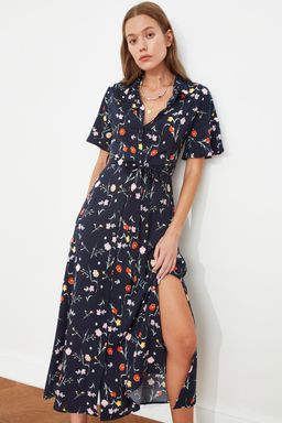 Siyah Kusakl? Y?rtmacl? Cicek Desenli Midi Dokuma Gomlek Elbise TWOSS20EL2822 - Trendyolmilla фото 11