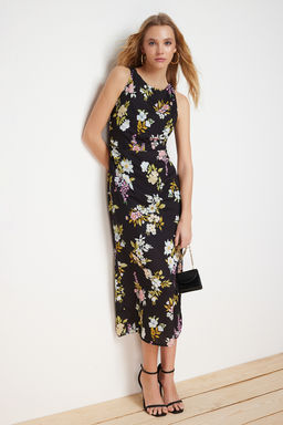 Siyah Cicekli A Kesim Kolsuz Midi Dokuma Elbise TWOSS24EL00440 - Trendyolmilla фото 2