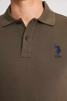 Erkek Slim Fit Polo Yaka Koyu Haki Basic Ti__rt