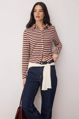 Ekru Cizgili Selanik Dugmeli Fitted/Vucuda Oturan Polo Yaka Orme Bluz TWOAW26BZ00342