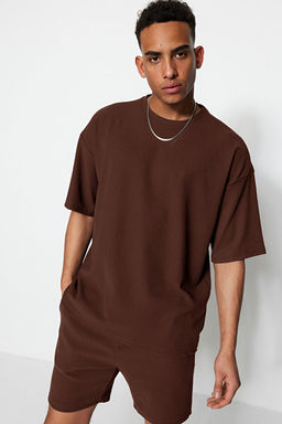 Kahverengi Oversize/Geni_ Kesim Dokulu Ottoman T-Shirt TMNSS23TS00081