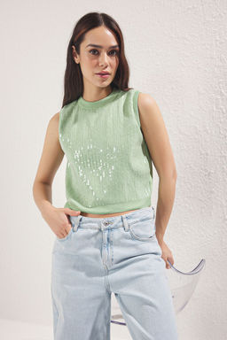 Mint Payetli Bisiklet Yaka Triko Bluz TWOSS25BZ00293