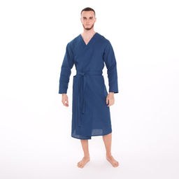 Халат вафельный запашной мужской, размер 52, хлопок 100%, синий