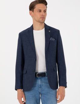 Lacivert Slim Fit Y_n Keten Kar___ml_ Ceket