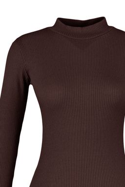 Trendyolmilla Kahverengi Dik Yaka Vucuda Oturan Uzun Kollu Y?rtmacl? Mini Fitilli Esnek Orme Elbise TWOAW23EL00506  фото 7