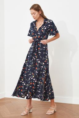 Siyah Kusakl? Y?rtmacl? Cicek Desenli Midi Dokuma Gomlek Elbise TWOSS20EL2822 - Trendyolmilla фото 10