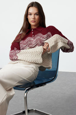 Mor Crop Mucevher Dugmeli Renk Bloklu Triko Kazak TWOAW23KZ01331