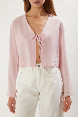 Trendyolmilla Pembe Modal Baglama Detayl? Uzun Kollu Dokuma Bluz TWOSS25BZ00167