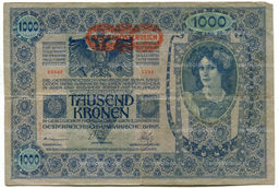 Банкнота 1000 крон 1902 года Австрия Надпечатка