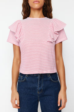 TRENDYOLMILLA Siyah Kollar? F?rf?rl? Regular/Normal Kal?p Cizgili Bisiklet Yaka Orme T-Shirt TWOSS24TS00061 фото 12