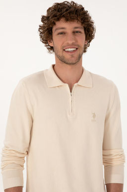 Erkek Slim Fit Yar_m Fermuarl_ Polo Yaka Krem Kazak