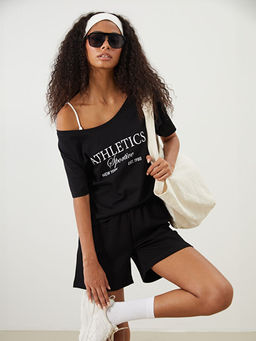 Bisiklet Yaka Bask?l? Crop Kad?n Spor Ti??rt