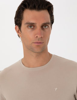 Bej Slim Fit Bisiklet Yaka Pamuklu T-shirt