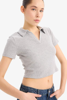 Fitted Polo Yaka Fitilli Kaskorse K?sa Kollu Tisort - Defacto фото 6