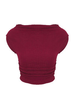 Bordo Dokulu Kay?k Yaka Buzgulu Kolsuz Esnek Orme Bluz TWOSS25BZ00485