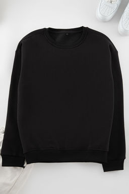 Siyah Oversize/Genis Kesim Pamuklu Basic Ici Polarl? Kal?n Sweatshirt TMNAW25SW00011