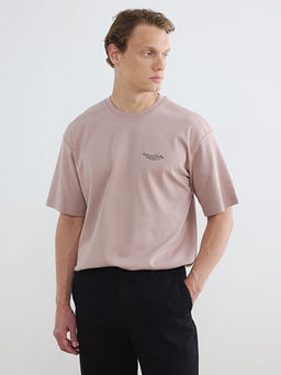 Loose Fit Bisiklet Yaka Bask?l? Erkek Ti??rt