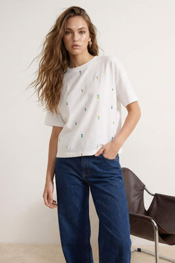 Ekru Regular/Normal Kal?p Dusuk Kol K?sa Kollu Nak?sl? Tok %100 Pamuk Orme Bluz TWOSS26TS00001 - Trendyolmilla фото 5