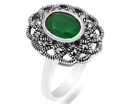 Кольцо из серебра зеленый агат, марказит, SL-AGA793