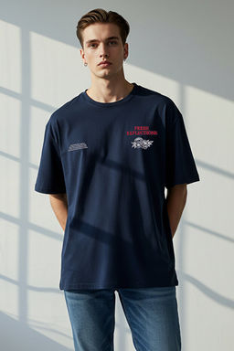 Lacivert Oversize/Geni_ Kesim _i_ek Nak__l_ %100 Pamuk T-Shirt TMNSS25TS00111