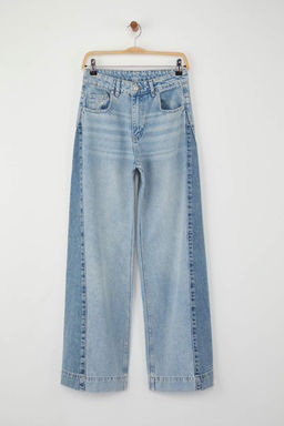 Ozel Koleksiyon Mavi Yuksek Bel Renk Bloklu Wide Leg Genis Paca Jeans TWOAW26JE00099 - Trendyolmilla фото 5