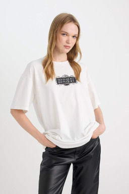 Cool Beetlejuice Oversize-футболка с широким кроем и круглым вырезом с короткими рукавами и принтом - Defacto фото 5