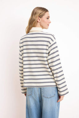 Ekru Cizgili Boxy Dusuk Kol Uzun Kollu Interlok Orme T-Shirt TWOSS26TS00188 - Trendyolmilla фото 4