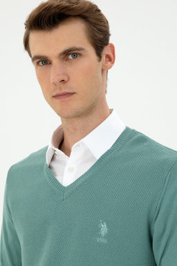 Erkek Slim Fit V Yaka Mint Basic Kazak