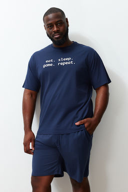 TRENDYOL MAN Buyuk Beden Lacivert Regular Fit Rahat Slogan Bask?l? Orme Sortlu Pijama Tak?m? TMNSS23PT00013 - Trendyolmilla фото 2