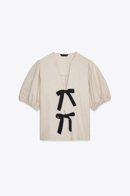 LINEN BLEND TIE BLOUSE - Zara фото 6