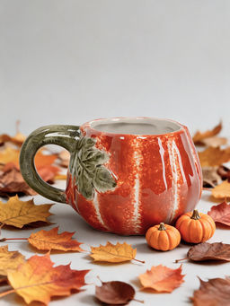 Кружка, 440 мл, керамика D, оранжево-зеленая, Тыква с листом, Bright pumpkin