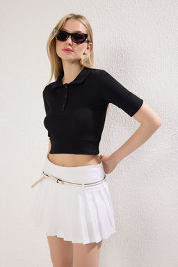 Trendyolmilla Siyah Polo Yaka Crop Fitilli Esnek Orme Bluz TWOSS25BZ00290  фото 6