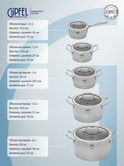 1538 GIPFEL Набор посуды CANTATA 10пр. Состав: ковш 16х9см/1,8л с крышкой, кастрюли 16х9см/1,8л, 18х10см/2,8л, 20х12см/3,5л, 24х14см/6л с крышками, с индукционным капсульным дном. Материал: нерж. сталь 18/10. Толщина: 0,7мм  фото 9