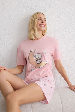 Trendyolmilla Pembe %100 Pamuklu Ay?c?k ve Y?ld?z Desenli Sortlu Orme Pijama Tak?m? THMSS25PT00081  фото 2