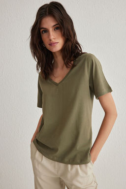 Haki %100 Pamuk Basic V Yaka Orme T-Shirt TWOSS23TS00001