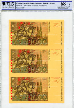 1000 куна 1993(1994) года Хорватия (в слабе PCGS Gem UNC 68)  неразрезанный лист, пробный