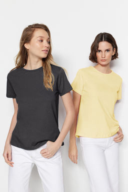 Antrasit-Sar? Basic %100 Pamuk Bisiklet Yaka 2li Paket Orme T-Shirt TWOSS20TS0141