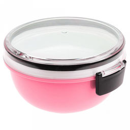 Ланч-бокс для продуктов пластмассовый Обед Люкс д16см h9,5см, 2 уровня: 0,38л, д15см h3,4см; 0,6л, д16см h6,8см, с ложкой 13,5см, крышка прозрачная, с клипсами, с уплотнителем, цвета в ассортименте: фисташковый, розовый, голубой (Китай) - Домашняя мода фото 3