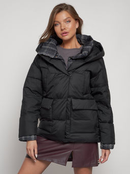 Зимняя женская куртка модная с капюшоном черного цвета 133105Ch