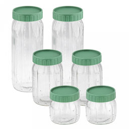 Банка для сыпучих продуктов стеклянная Кактус набор 6шт: 0,3л, h8,8см - 2шт; 0,6мл, h14см - 2шт; 1л, h22,6см - 2шт, горло д7,5см, основание д8см, винтовая пластмассовая крышка зеленого цвета, в коробке (Китай)