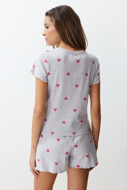 Trendyolmilla Gri Melanj Kalpli Slogan Bask?l? Lastikli Fitilli Sortlu Orme Pijama Tak?m? THMSS24PT00220  фото 11