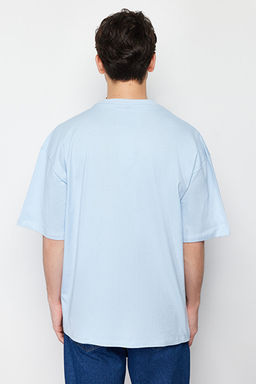 A__k Mavi Oversize %100 Pamuklu Bisiklet Yaka Minimal Yaz_ Bask_l_ T-Shirt TMNSS23TS00084 - Trendyolmilla фото 2