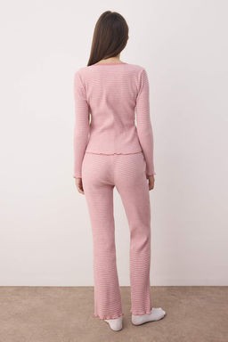 Pembe Cizgili Dantel Detayl? Fitilli Yumusak Tuse K?sl?k Orme Pijama Tak?m? THMAW26PT00056
