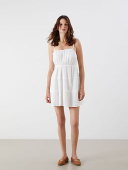 Kare Yaka Dokulu Katkat Mini Elbise