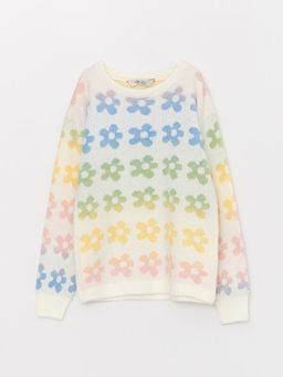 Bisiklet Yaka Desenli Uzun Kollu K?z ?ocuk Triko Kazak