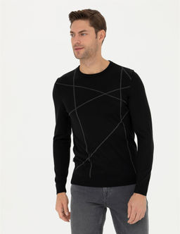 Siyah Slim Fit Bisiklet Yaka Y_n Kar___ml_ Triko Kazak - Pierre cardin фото 3